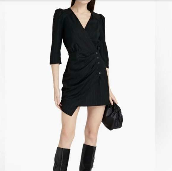 Ba&sh, New, Robe Bliss Pinstriped Black 3/4 Sleeve Wrap Mini Dress Size Large